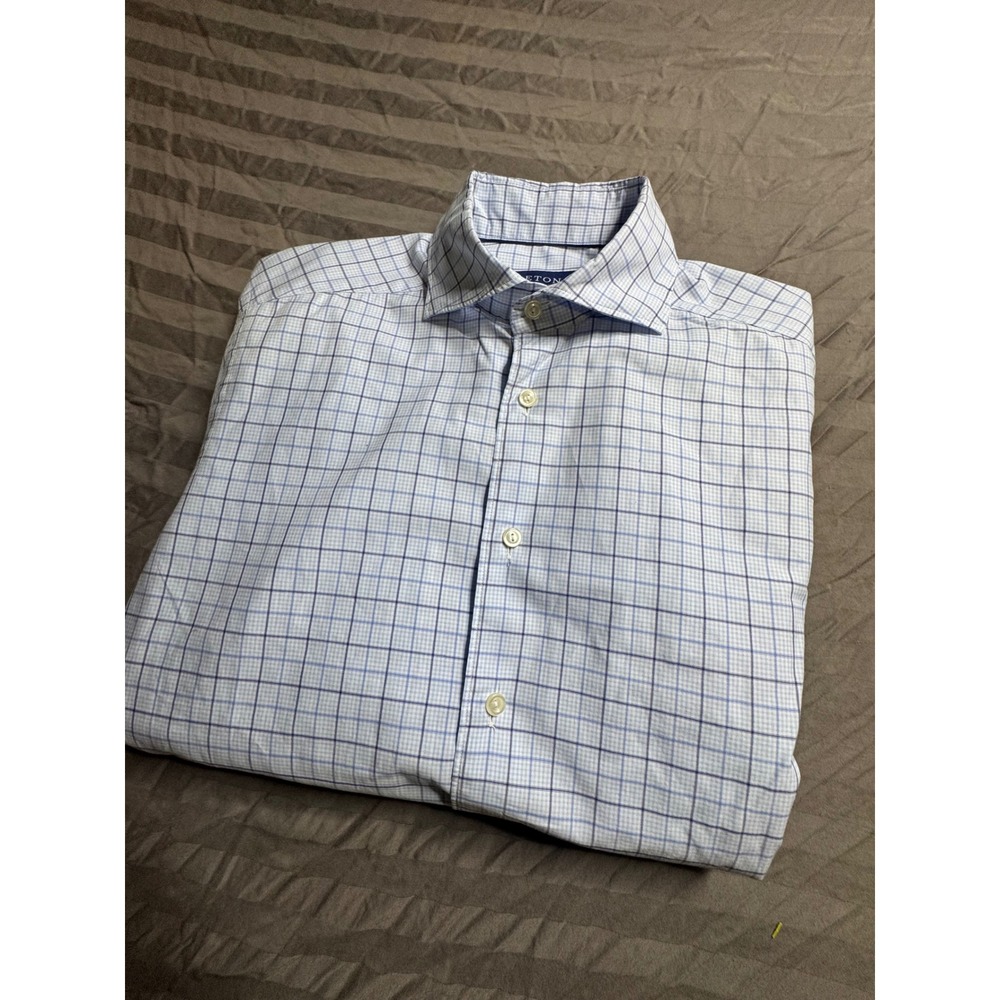 Eton Contemporary Fit Blue White Check Dress Shirt Mens 15.75 40 M Long Sleeve